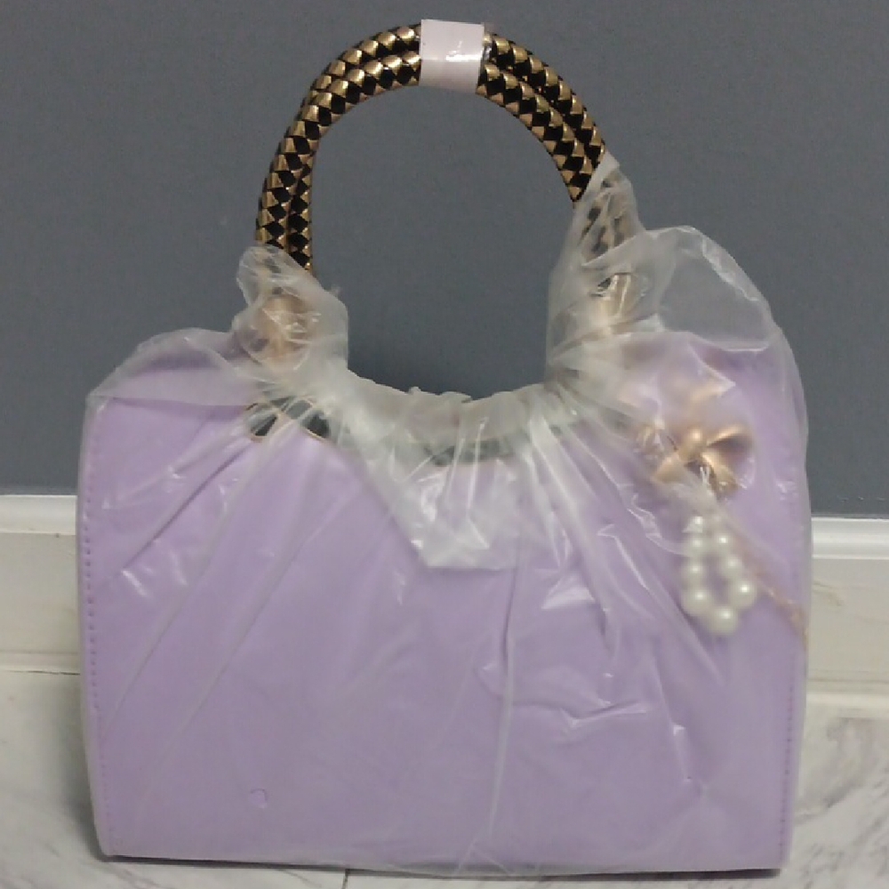 Soft Fabric Lavender Structured Satchel with Beaded Handle and Lace Trim